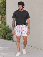 Male model wearing MEROX Candy Cane red and white mesh shorts