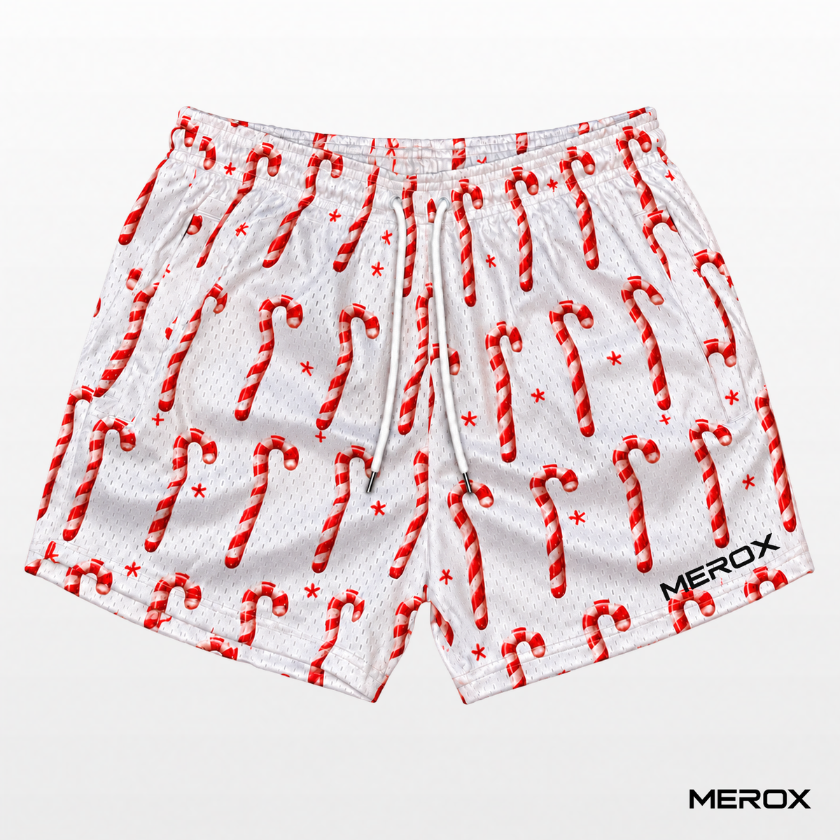 MEROX Candy Cane mesh shorts, front view with red and white holiday print