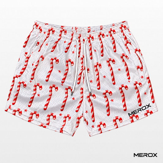 MEROX Candy Cane mesh shorts, front view with red and white holiday print