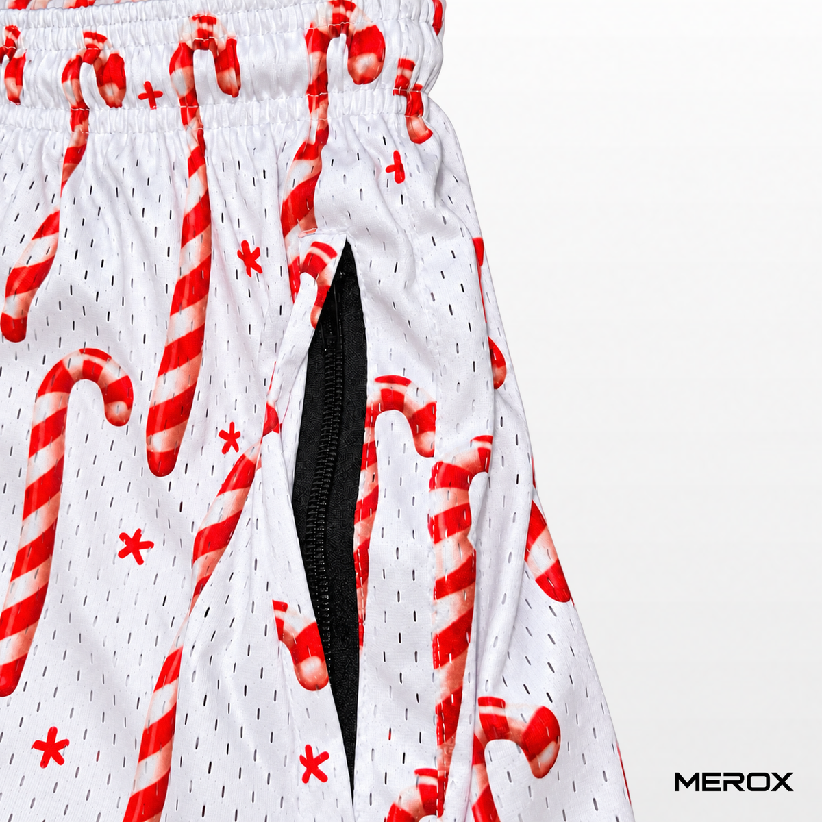 MEROX Candy Cane mesh shorts, close-up of zippered side pocket and mesh fabric