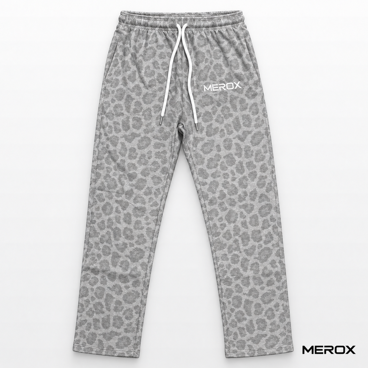 MEROX gray cheetah leopard joggers front with white embroidery and drawstrings