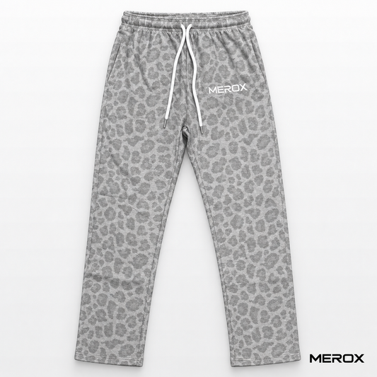 MEROX gray cheetah leopard joggers front with white embroidery and drawstrings
