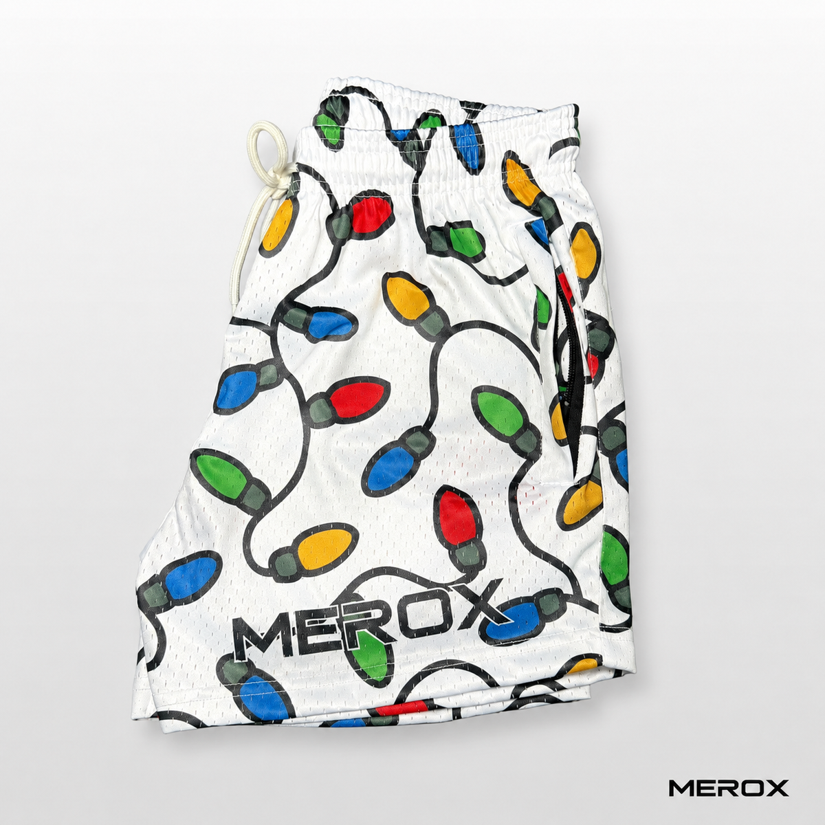 Branded side view of MEROX Christmas Lights 5-inch mesh shorts