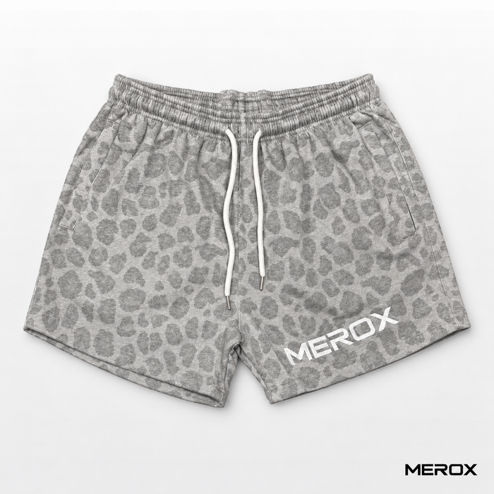 MEROX cotton gray cheetah leopard print shorts front view