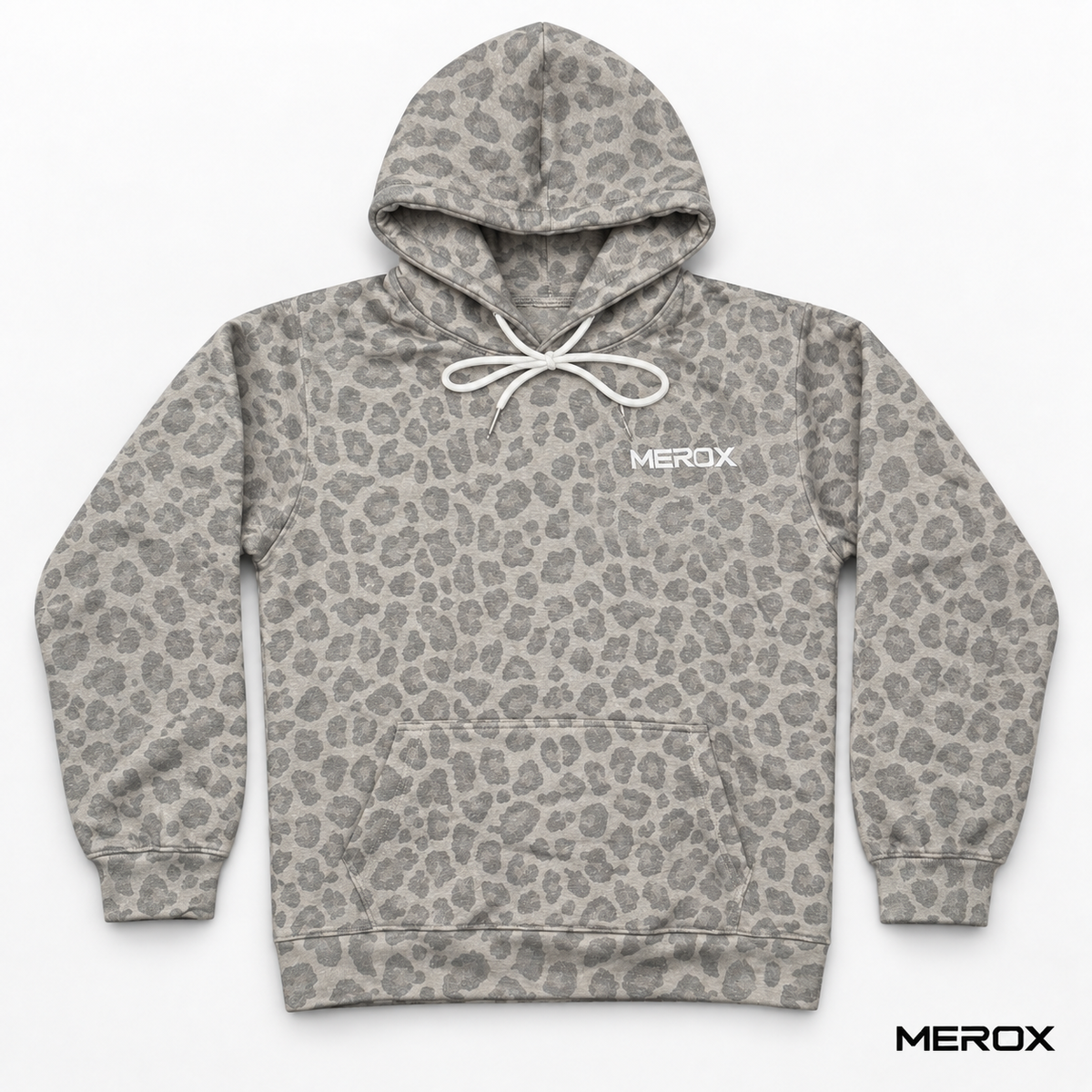 MEROX gray cheetah leopard hoodie front with white embroidered logo and drawstrings