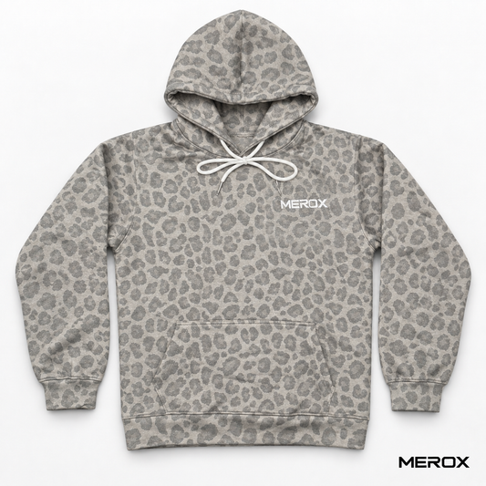 MEROX gray cheetah leopard hoodie front with white embroidered logo and drawstrings