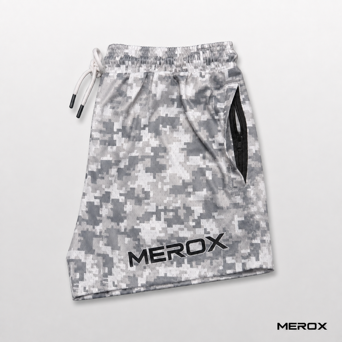 MEROX Digital Camo mesh shorts side and zipper view