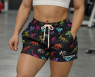 Woman wearing MEROX Dinosaur 5-inch mesh shorts