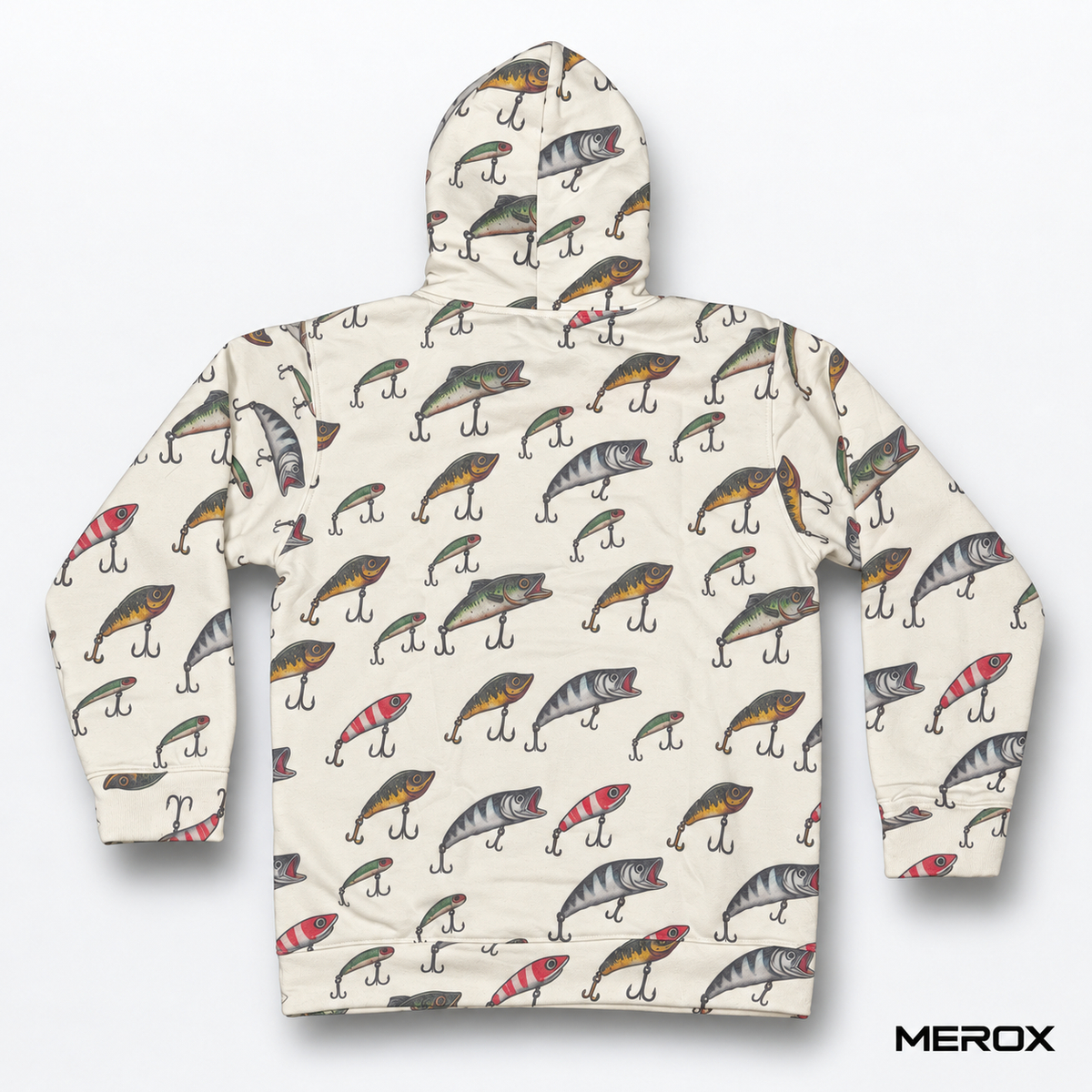 MEROX Fishing Lure hoodie back showing the all-over lure print