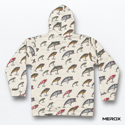 MEROX Fishing Lure hoodie back showing the all-over lure print
