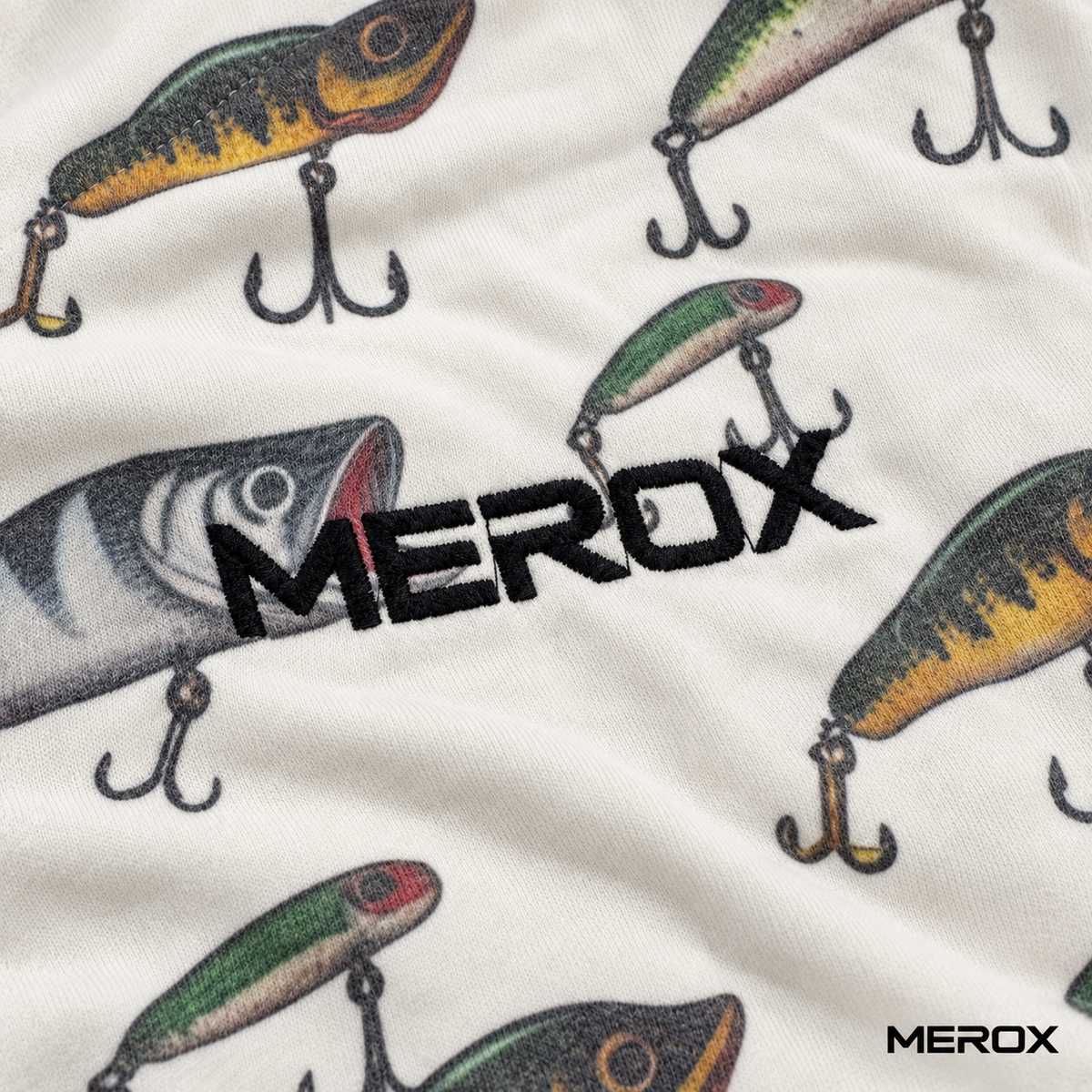 MEROX Fishing Lure hoodie black chest embroidery and fishing lure fabric detail