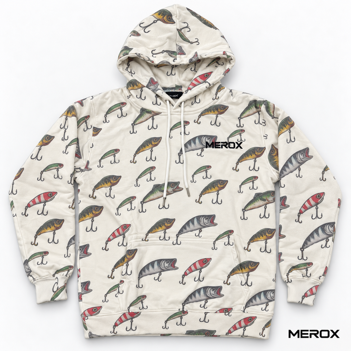 MEROX Fishing Lure hoodie front with cream all-over lure print, black embroidered logo and kangaroo pocket