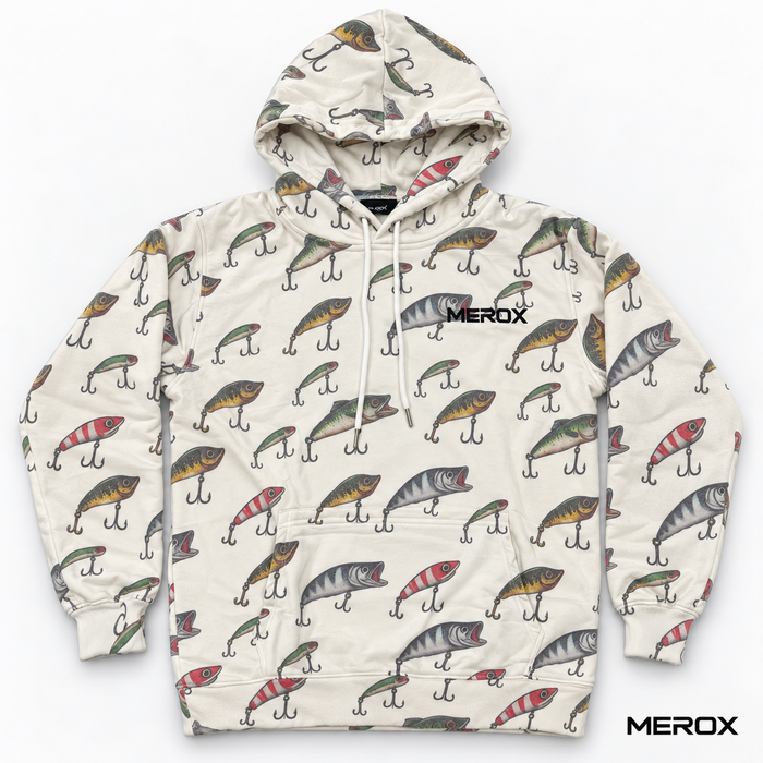 MEROX Fishing Lure hoodie front with cream all-over lure print, black embroidered logo and kangaroo pocket