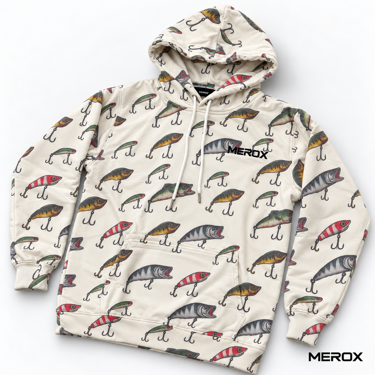 MEROX Fishing Lure hoodie three-quarter view with drawstring hood and kangaroo pocket
