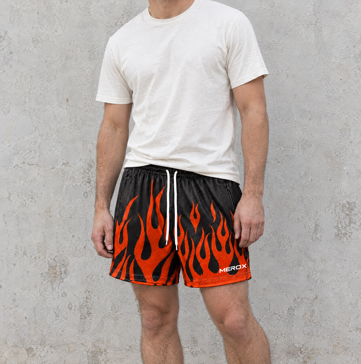MEROX Black & Orange Flame 5-Inch Mesh Shorts approved men's model photo
