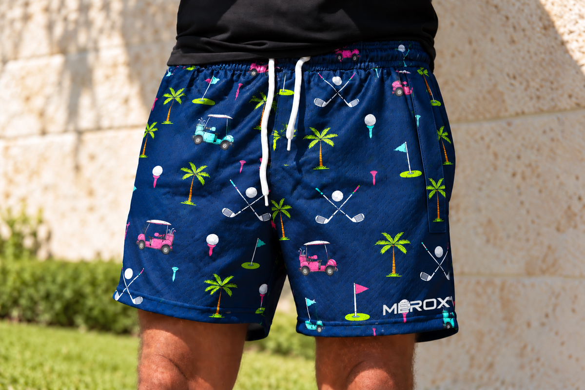 Approved male model wearing MEROX Golf mesh shorts