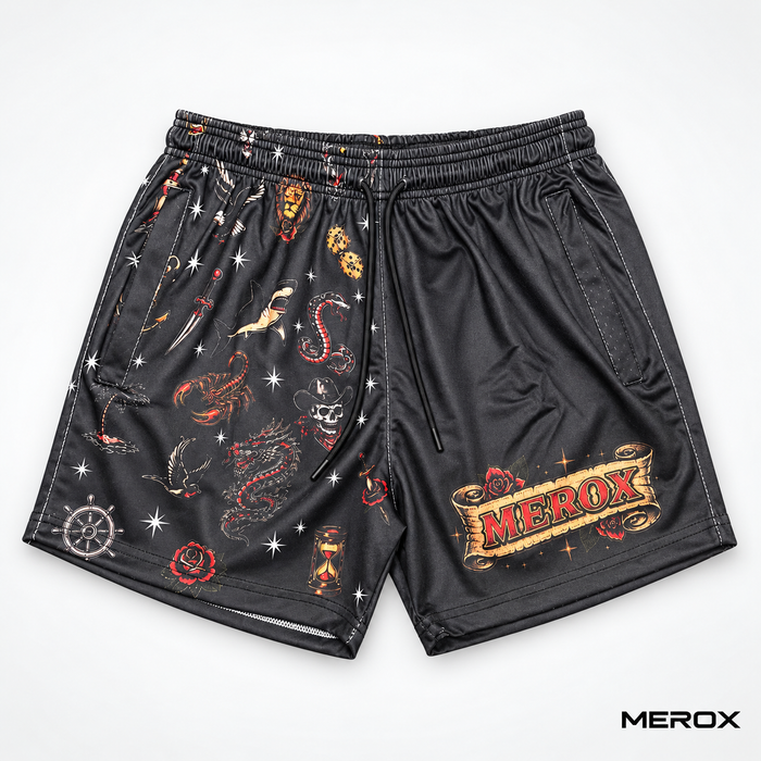 MEROX Half Black Tattoo mesh shorts front view with split tattoo print and vintage banner logo