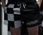 Approved male model wearing MEROX Black and White Checkered mesh shorts