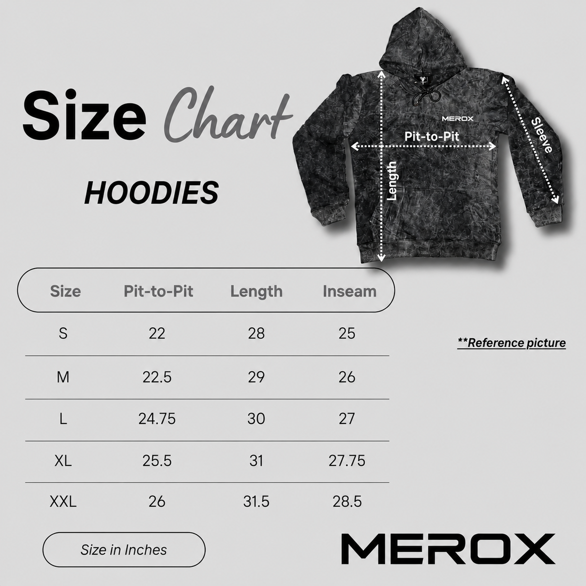 MEROX hoodie size chart for sizes S through XXL