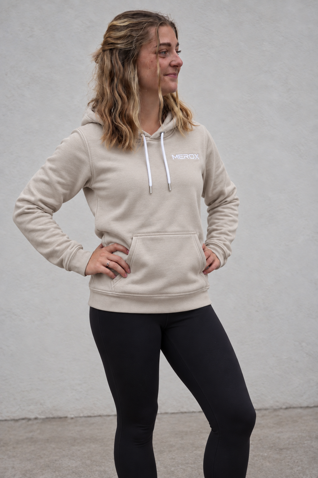 MEROX Khaki embroidered hoodie approved women's model photo