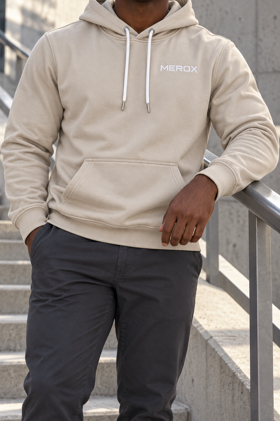 MEROX Khaki embroidered hoodie approved men's model photo