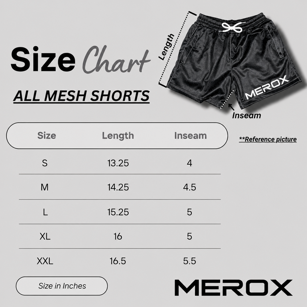 MEROX mesh shorts size chart