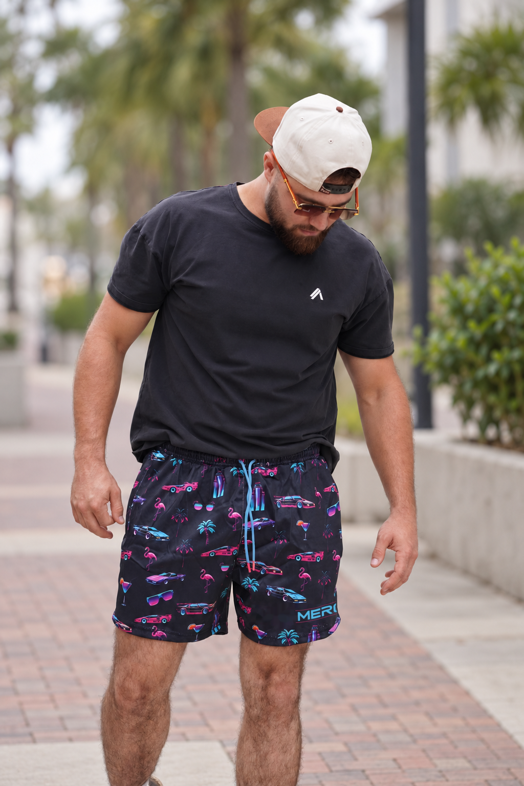 Man wearing MEROX Miami Vice 5-inch mesh shorts