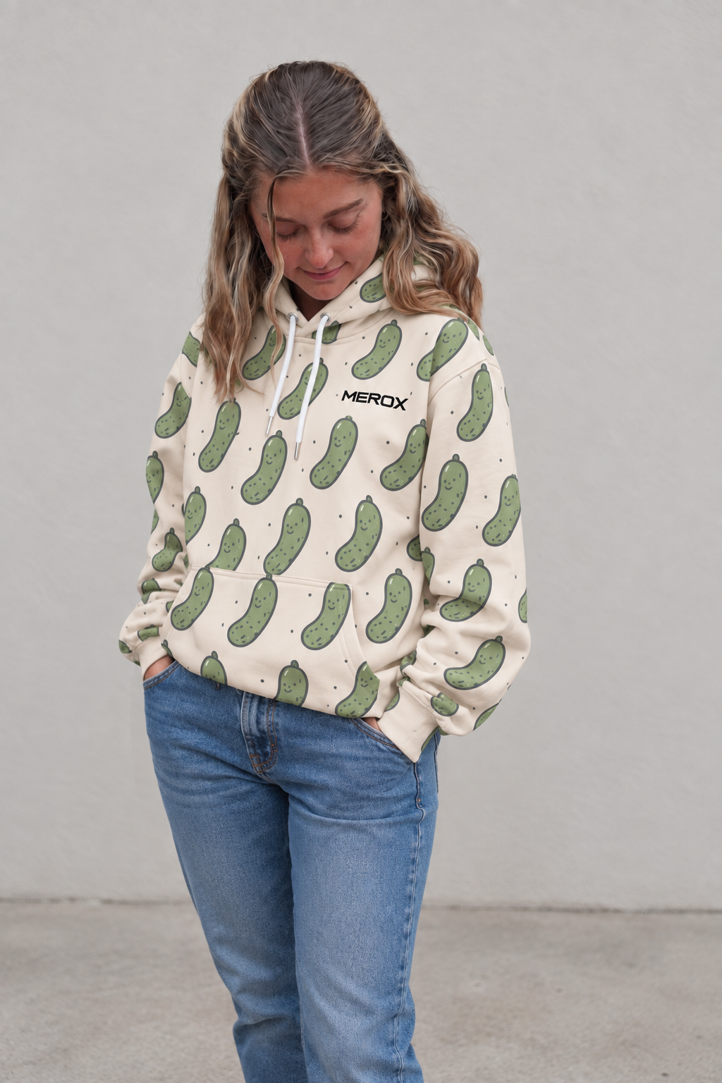 Approved female model wearing MEROX Pickle embroidered hoodie