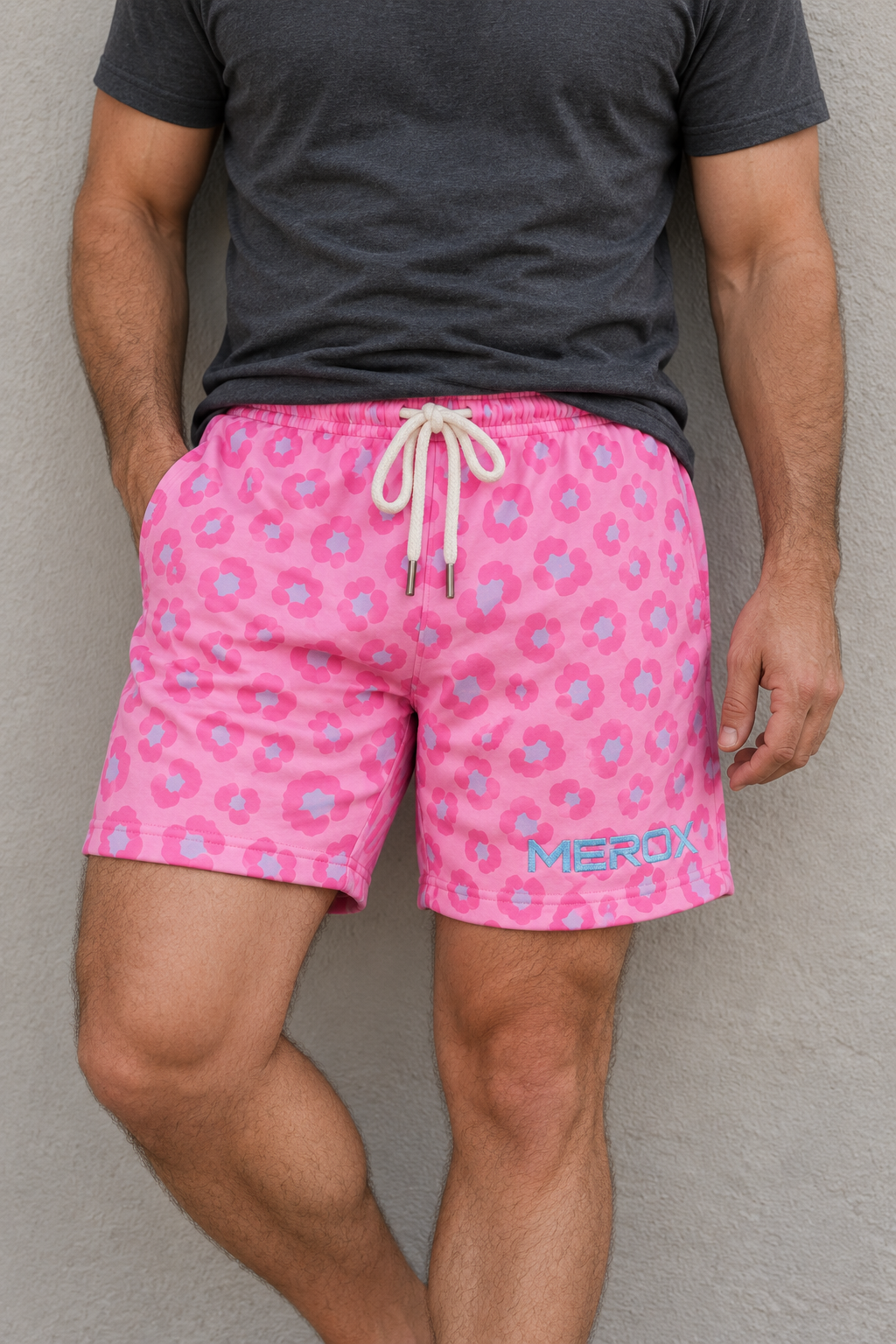 MEROX Pink Leopard embroidered cotton shorts approved men's model photo