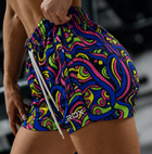 Woman wearing MEROX Psychedelic shorts