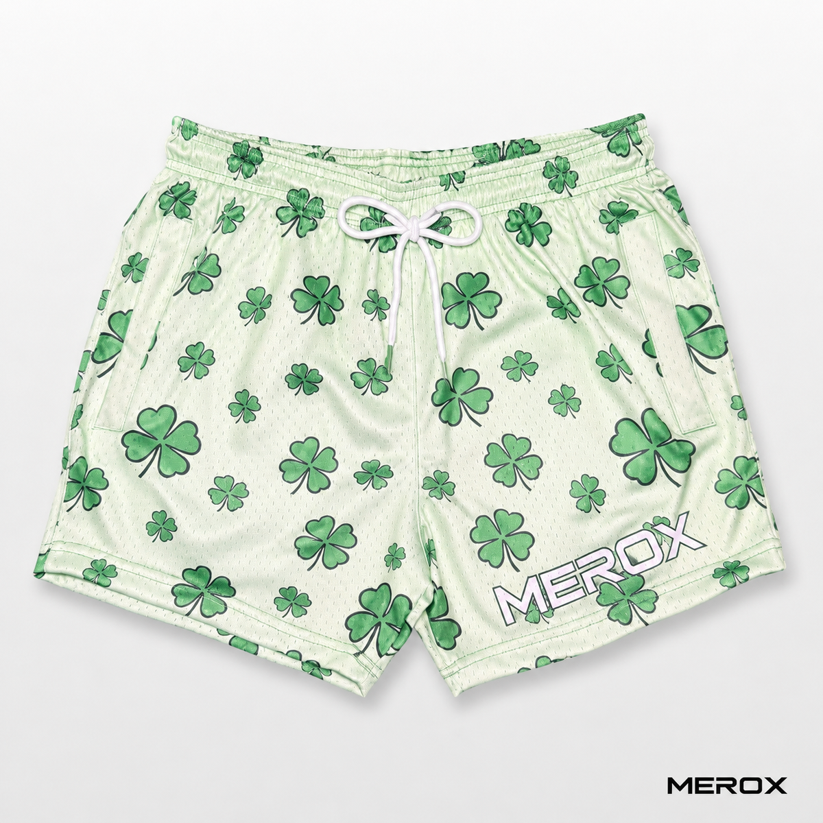 Front view of MEROX St. Patrick’s Day shamrock and four-leaf clover 5-inch mesh shorts