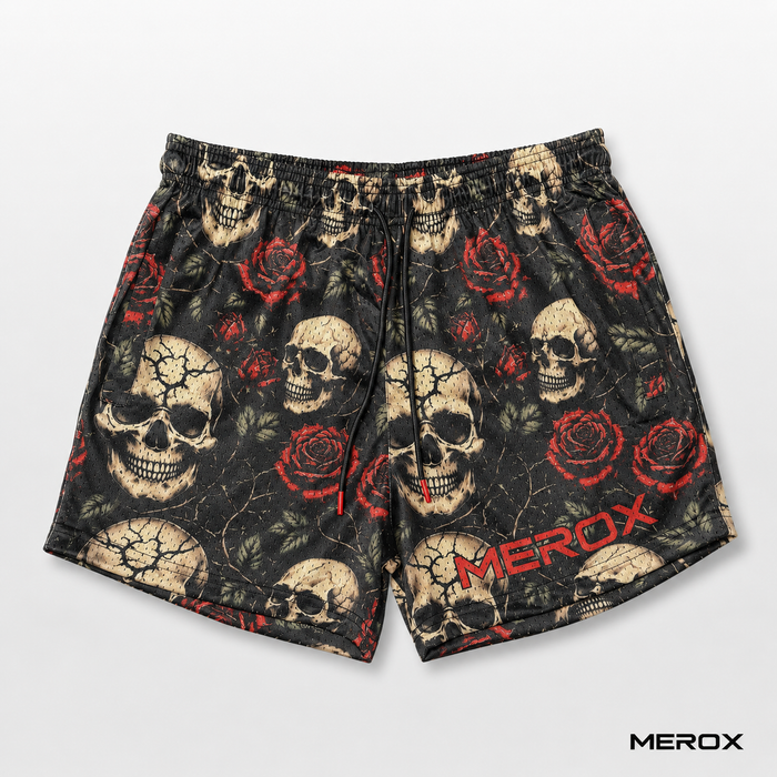 MEROX Skull and Roses 5-inch mesh shorts front view