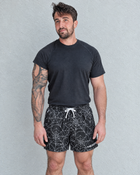 Male model wearing MEROX black-and-white Spider Web 5-inch mesh shorts