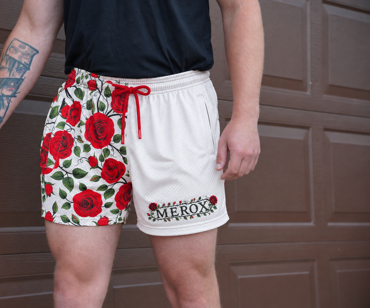 Approved male model wearing MEROX Split Roses mesh shorts
