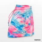 MEROX pink and blue tie-dye 5-inch mesh shorts angled side view