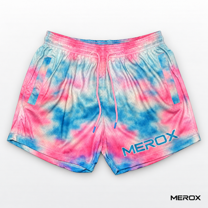 MEROX pink and blue tie-dye mesh gym shorts full front view