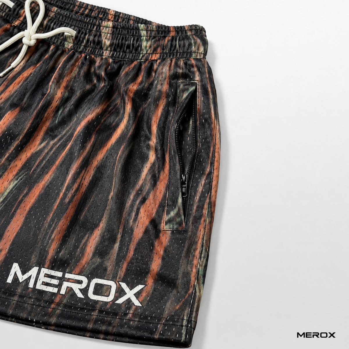 MEROX Tiger Camo mesh shorts zippered pocket detail