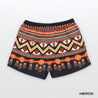MEROX Tribal mesh shorts, back view with orange sunburst border print