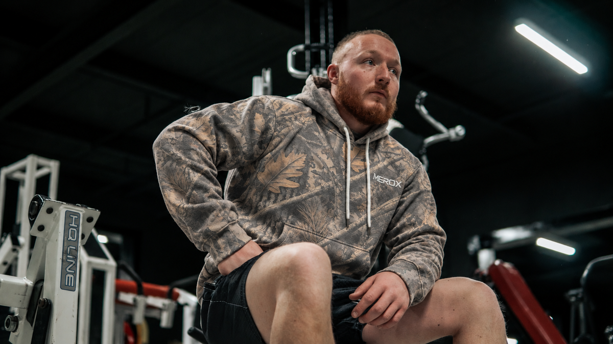 MEROX Vintage Camo hoodie approved male model photograph