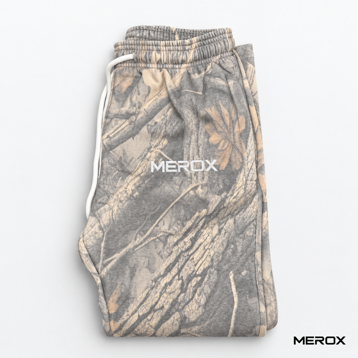 MEROX vintage woodland camo joggers folded fabric and print view