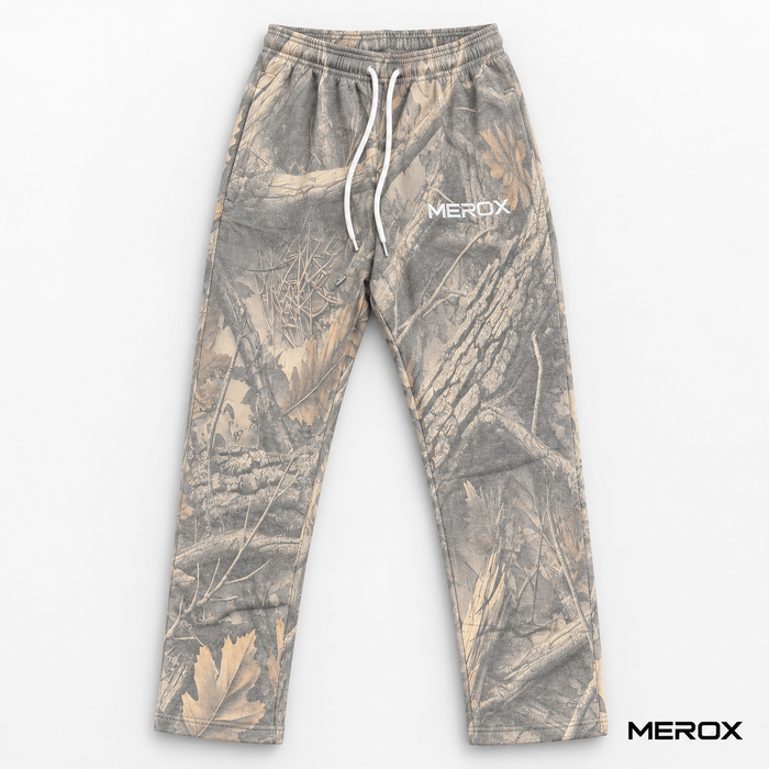 MEROX vintage woodland camo joggers front view, gray-and-tan branch print