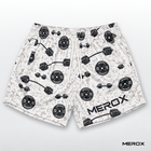MEROX Weights 5-inch mesh shorts front view with dumbbell and weight plate pattern