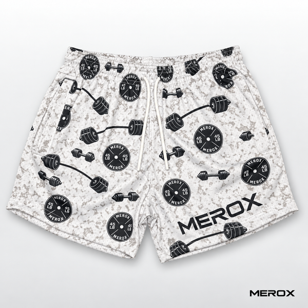 MEROX Weights 5-inch mesh shorts front view with dumbbell and weight plate pattern