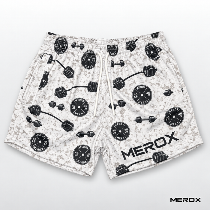 MEROX Weights 5-inch mesh shorts front view with dumbbell and weight plate pattern
