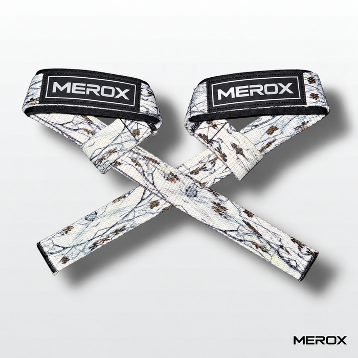 MEROX white arctic camo lifting straps crossed pair