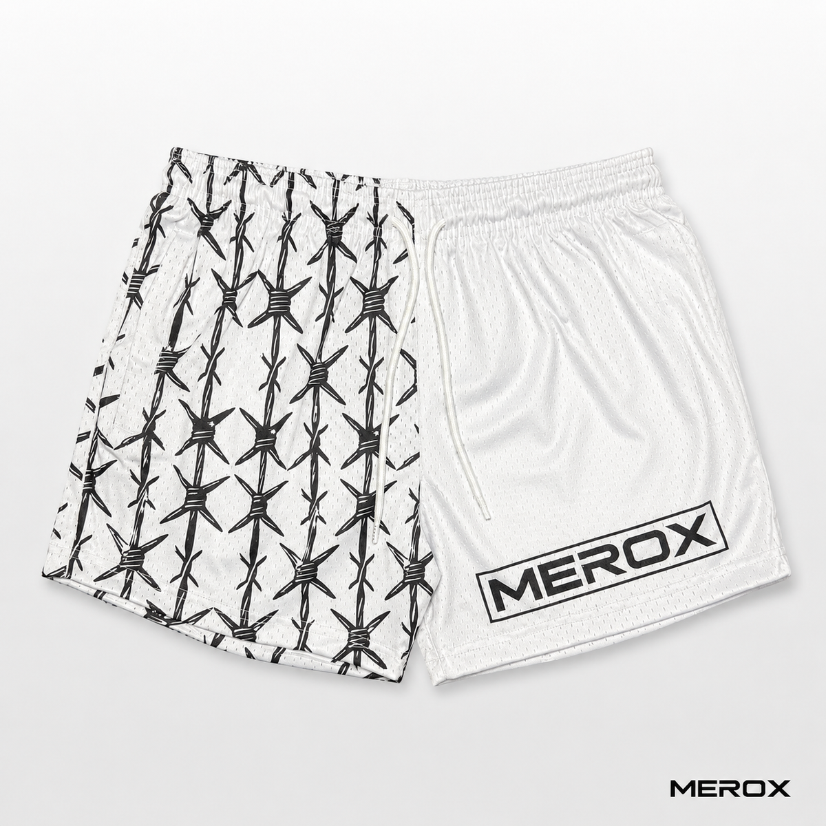 MEROX White Half Barbed Wire 5-inch mesh shorts front view