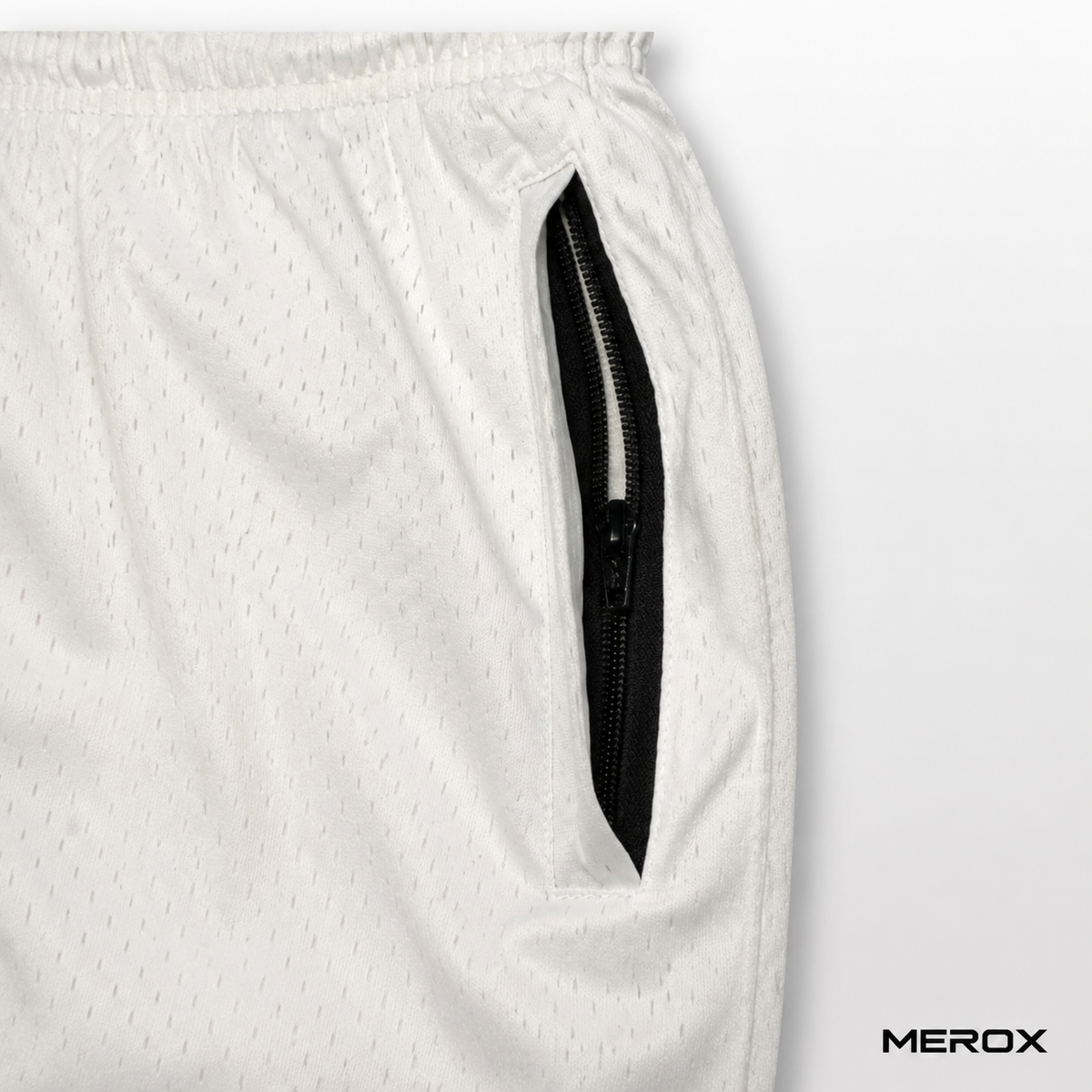 MEROX White Half Barbed Wire shorts zipper pocket detail