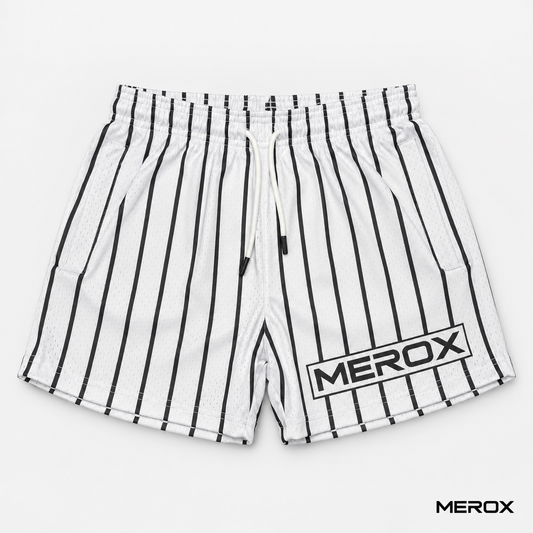 MEROX white pinstripe 5-inch mesh shorts front view