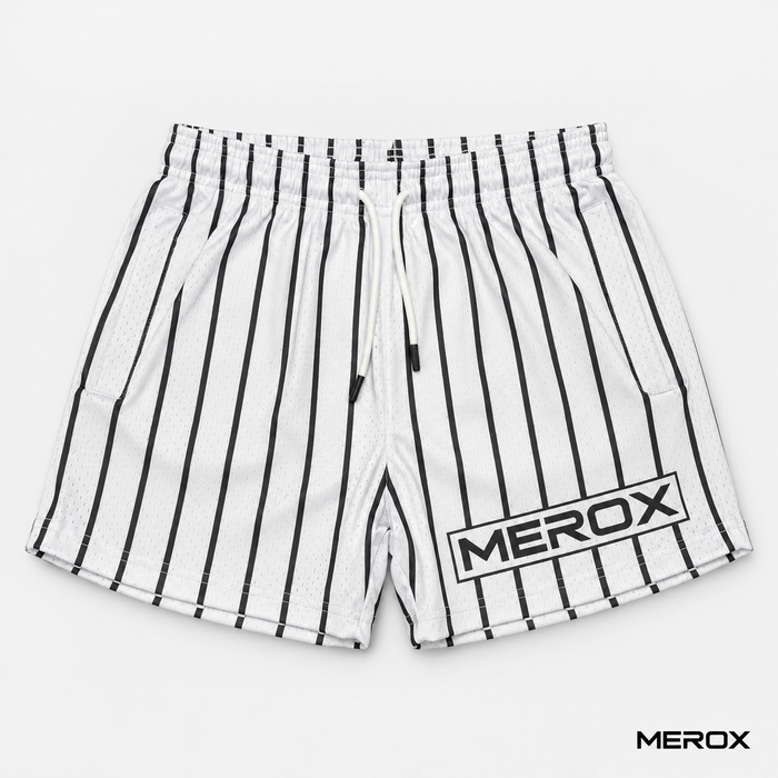 MEROX white pinstripe 5-inch mesh shorts front view