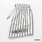 MEROX white pinstripe mesh shorts side view with zipper pocket